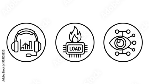 Headset, overheating cpu, and digital eye icons - vector graphics for support, overload, and surveillance concepts