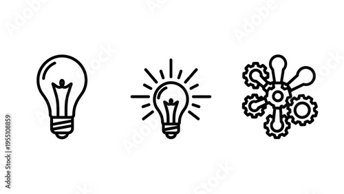 Simple outline icons for a light bulb, a glowing light bulb, and gears, symbolizing ideas, creativity, and mechanical processes