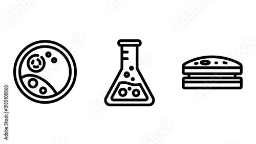 Set of science and food icons: petri dish with cells, laboratory flask with liquid, and a hamburger, representing biology, chemistry, and cuisine, fast food