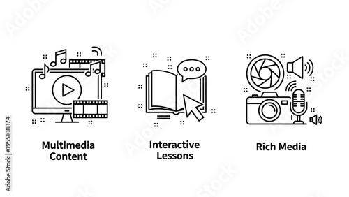 Icons for multimedia content: screen with play button, interactive book, and rich media with camera and speaker, representing digital media production, content creation