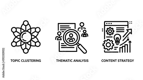 Topic clustering, thematic analysis with magnifying glass over people, and content strategy icons, symbolizing data analysis and marketing