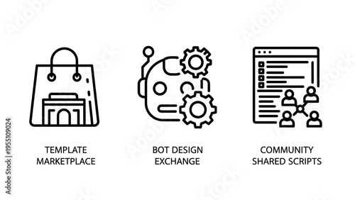 Icons for template marketplace, bot design exchange, and community shared scripts, representing digital platforms and collaboration