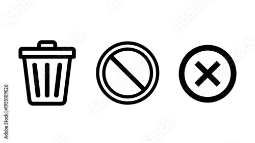 Trash can, forbidden and close icons, vector graphics for deletion, denial, and cancellation symbols on white background