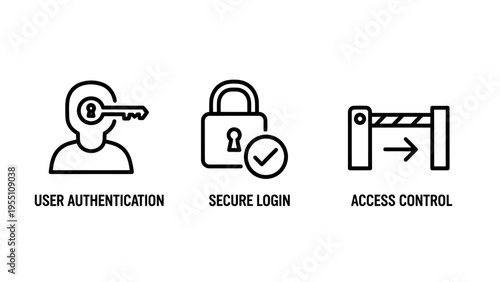 User authentication, secure login, access control icons with profile, lock and barrier symbols for system protection and identity verification