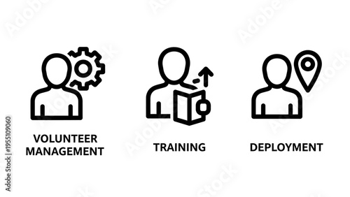 Volunteer management, training, deployment icons with people and gear, book and map pin for non-profit organizations and event coordination