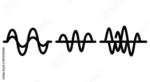 Sound waves, signal waveforms, frequency patterns icons representing analog and digital signals, audio data, and science wave phenomena