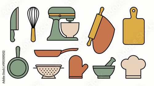 Flat vector illustration set of colorful kitchen tools and cooking utensils. Ideal for culinary, cooking, and food preparation designs