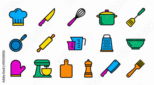 Flat vector illustration set of colorful kitchen tools and cooking utensils. Ideal for culinary, cooking, and food preparation designs