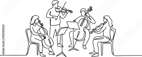 Black and White Line Art Orchestra Playing String Instruments
