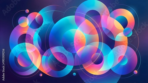 Modern circular gradient abstract background featuring overlapping neon rings and glowing spheres.