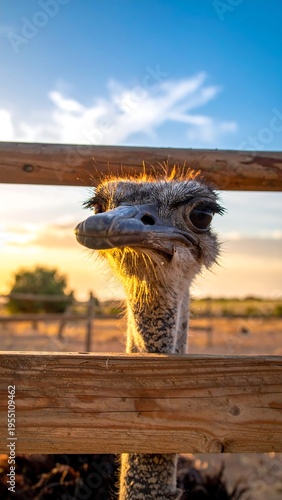 An ostrich peers through a wooden fence at sunset with a golden glow