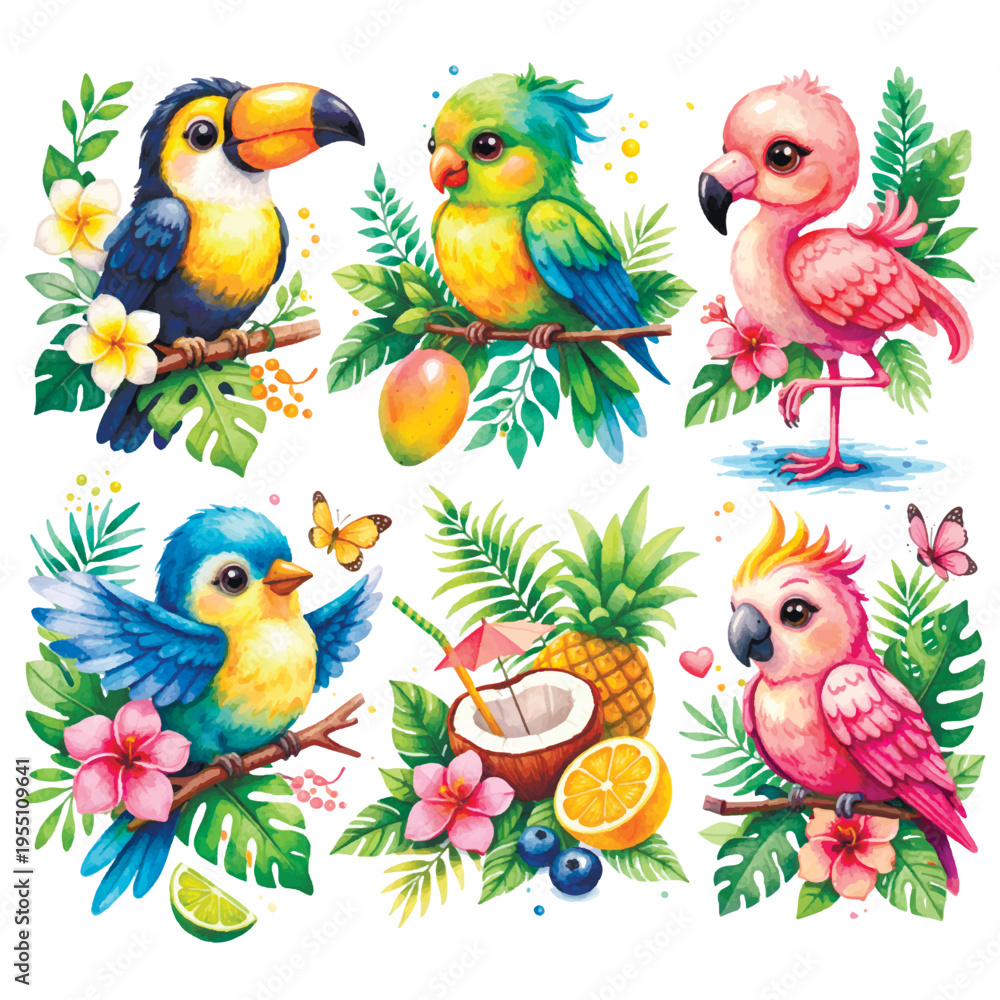Fototapeta premium Vibrant watercolor vector set of tropical birds, including a toucan, flamingo, and parrot, with exotic fruits and hibiscus flowers. Perfect for summer party decor, stickers, and nursery prints.
