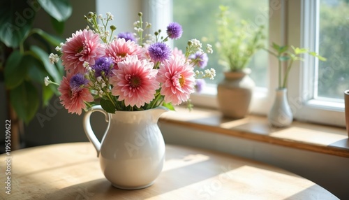 Pink and purple flowers in a white pitcher vase on a wooden table. Soft window light creates dappled shadows on surface. Another plant sits on windowsill.
