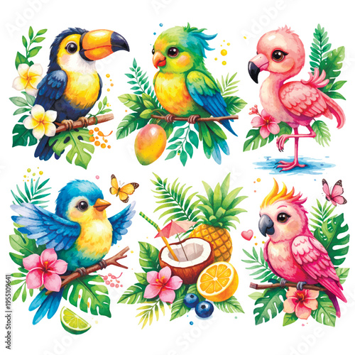 Vibrant watercolor vector set of tropical birds, including a toucan, flamingo, and parrot, with exotic fruits and hibiscus flowers. Perfect for summer party decor, stickers, and nursery prints.