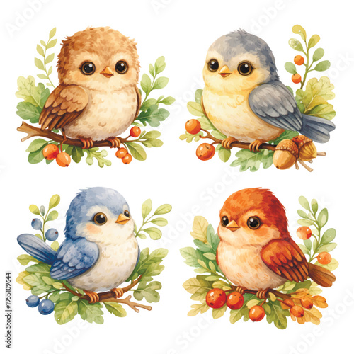 Adorable watercolor vector set of four cute birds sitting on autumn branches with berries and leaves. Beautiful forest animal illustrations for nursery decor, stickers, and greeting cards.