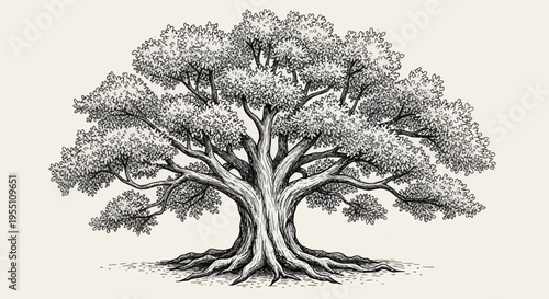 Detailed Hand Drawn Illustration of a Majestic Ancient Oak Tree
