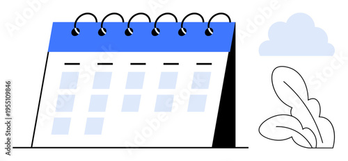 Time management, scheduling, planning, productivity, minimalism, organization. Desk calendar with a blue header beside a minimalist plant and cloud. Time management and scheduling concept