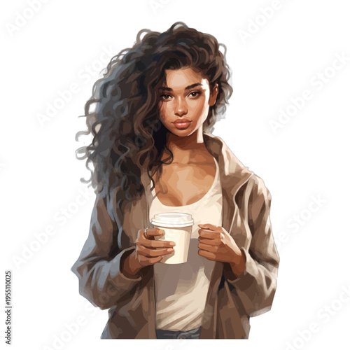 Watercolor Young Woman with Voluminous Curly Hair Holding Coffee Cup