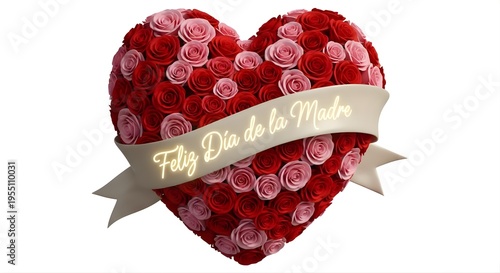 Heart-shaped floral arrangement with Feliz Dia de la Madre banner.