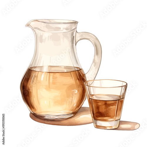 Watercolor Glass Pitcher and Drinking Glass with Apple Juice Clipart