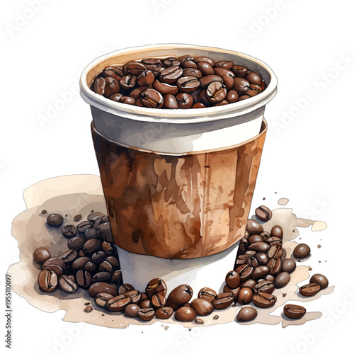 Watercolor Illustration of Takeaway Coffee Cup Filled with Roasted Coffee Beans Isolated on White