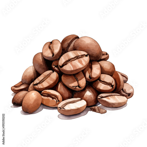 Watercolor Illustration of a Pile of Roasted Coffee Beans Isolated on White Background