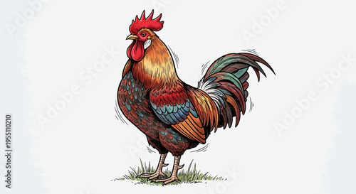 Hand Drawn Illustration of a Colorful Rooster Standing on Grass