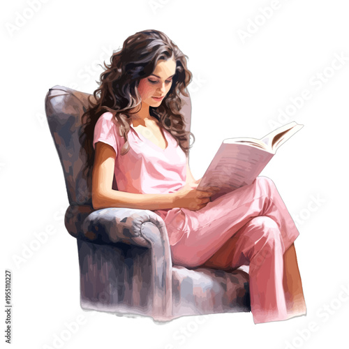 Watercolor Brunette Woman in Pink Pajamas Reading Book in Armchair