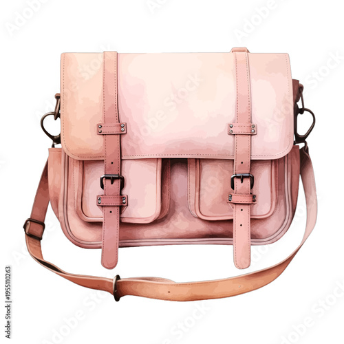 Watercolor Vintage Pink Leather Satchel Messenger Bag with Front Pockets
