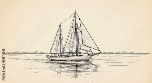 Vintage Hand Drawn Sketch of a Sailing Yacht on Calm Ocean Waters