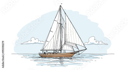 Hand Drawn Sketch of a Classic Sailing Yacht on the Ocean
