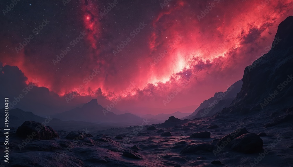 Fototapeta premium Red nebula glows above rocky, alien planet landscape. Stars fill dark sky. Cosmic clouds drift over mountains. Mysterious, vast space exploration scene.