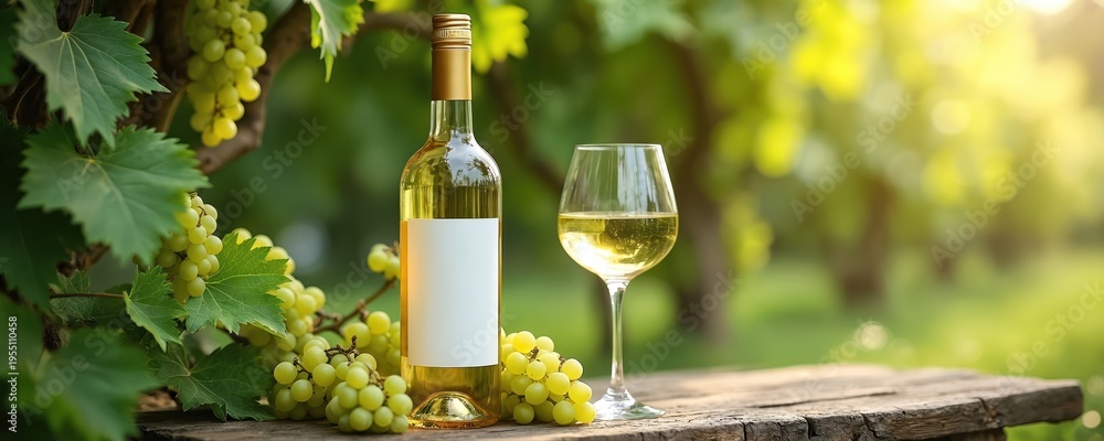 Fototapeta premium Bottle and glass of white wine sit on rustic wood table. Ripe green grapes and vine leaves surround drink. Sunlight filters through green foliage in vineyard.