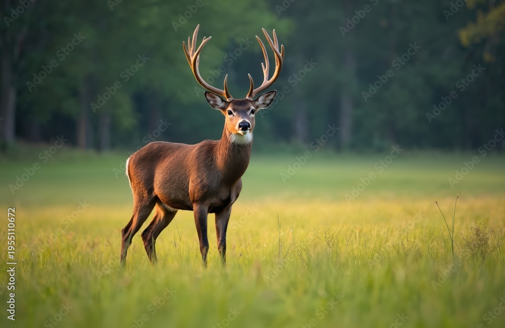 Obraz premium Majestic buck deer with large antlers stands in a sunny green meadow. Forest edge in background. Animal looks directly at camera. Wild nature scene.