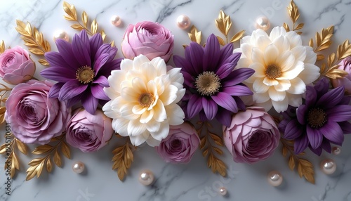 Elegant floral composition with purple white flowers gold leaves and pearls on marble. Beautiful bloom arrangement for luxury decor and wedding invitations. Delicate blossom, petals, stems.