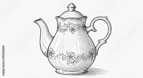 Vintage Hand-Drawn Teapot Illustration with Floral Ornament
