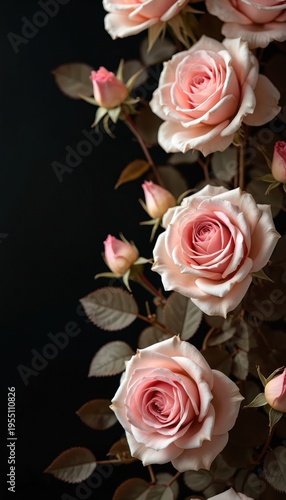 Soft pink and beige roses with buds bloom on dark background. Delicate petals unfurl, forming elegant floral arrangement. Leaves and stems add natural detail to romantic composition.