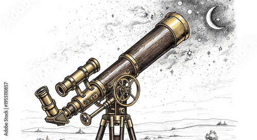 Vintage Brass Telescope Pointing at Night Sky with Moon and Stars