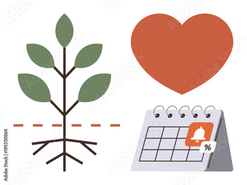 Sustainability, financial planning, donation tracking, environmental care, growth, scheduling reminders. A plant with roots, a heart and a calendar with a notification. Sustainability and financial