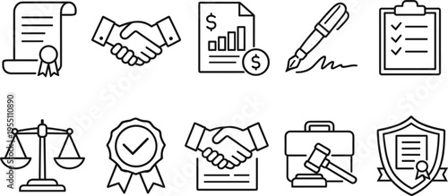 Collection of legal and business icons representing contracts, justice, and agreements