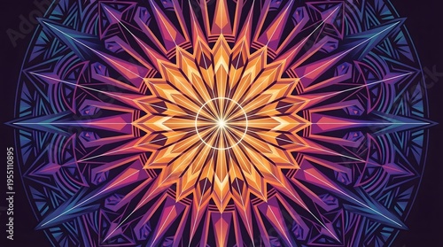 Glowing modern radial geometric abstract background featuring intricate purple symmetrical mandala.