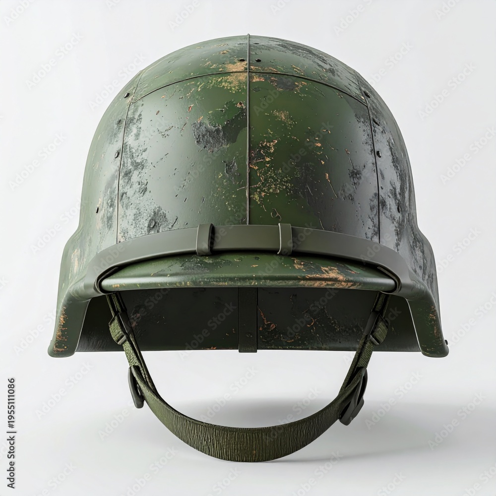 Obraz premium Green Camouflage Military Helmet with Chinstrap and White Background