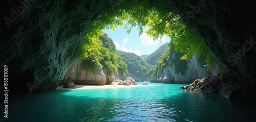 View from dark cave to bright tropical beach. Rich green hills surround calm turquoise sea and white sand. Blue sky with white clouds overhead.
