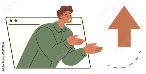 Business growth, online learning, marketing strategies, motivation, career development, future goals. A man in a browser window points to an upward arrow. Business growth and online learning concept