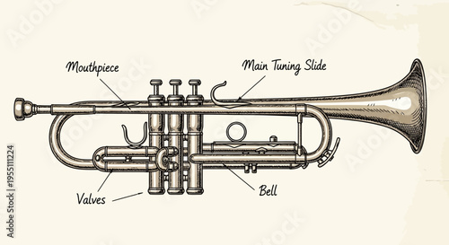 Vintage Engraved Trumpet Diagram with Labeled Components
