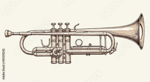 Vintage Hand-Drawn Illustration of a Classic Brass Trumpet