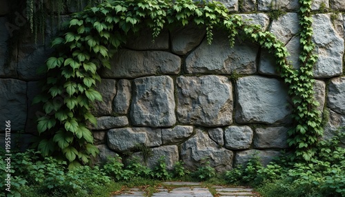 Old stone wall overgrown with green vines and plants. A stone pathway leads to the textured wall. Nature reclaiming man made structure in a garden.