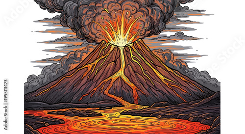 Volcanic Eruption Illustration with Lava Flow