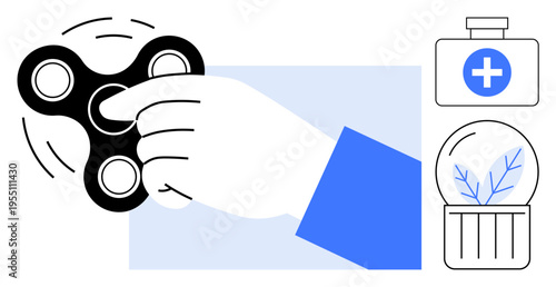 Stress relief, mental health, relaxation, healthcare, focus improvement, wellness therapy. Hand holding and spinning a fidget spinner with a medical kit and plant in jars. Focus improvement