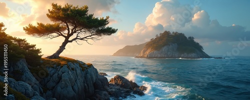 Lone pine tree on cliff overlooks ocean waves at sunrise. Distant island with trees under soft clouds. Golden light illuminates coastal scene. Nature landscape.